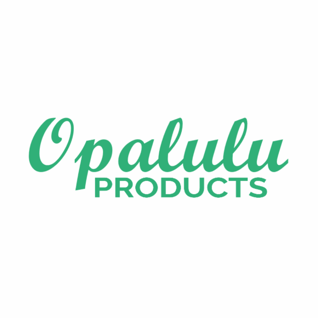Green font on a white background. Opalulu (cursive) Products (block letters)