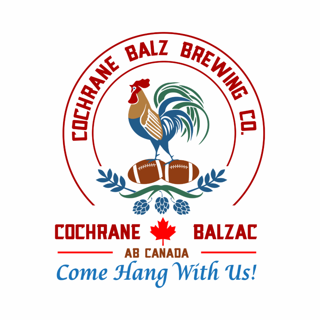 Red block lettering, curving over the top between two lines. A rooster in the middle standing on two footballs, and a floral motif.