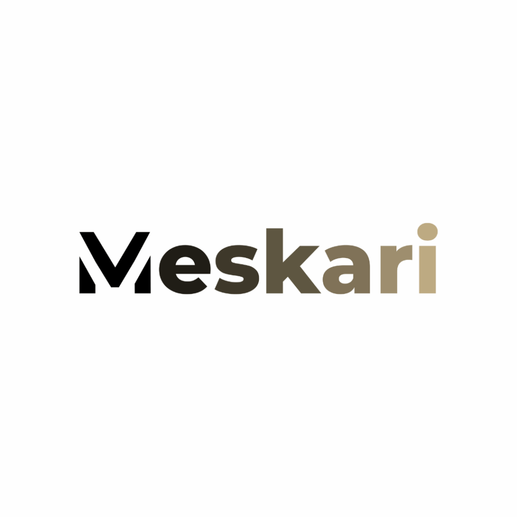 White background. Meskari in block lettering fading from black to pale gold, left to right.