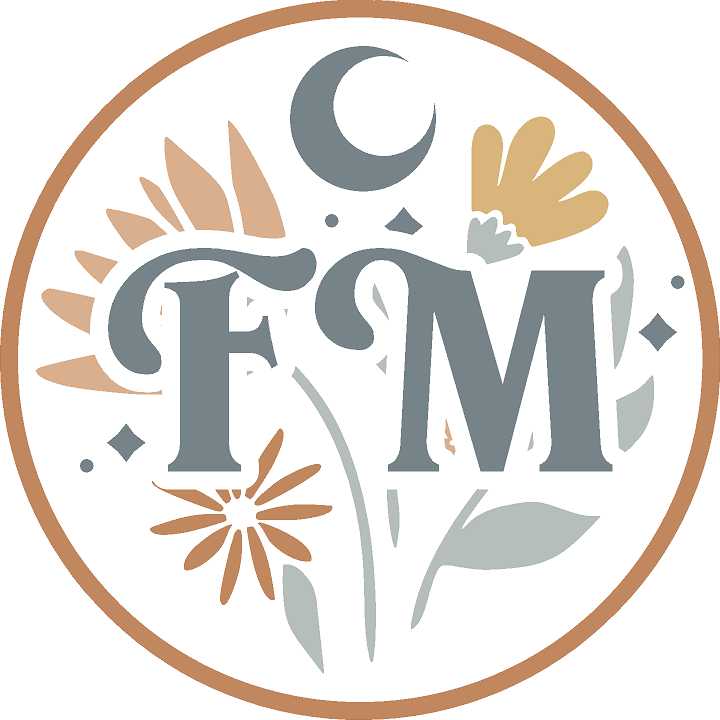 Illustrated and dreamy logo in muted teal, orange and gold. Capital F M, a crescent moon and flowers, all within a circle.
