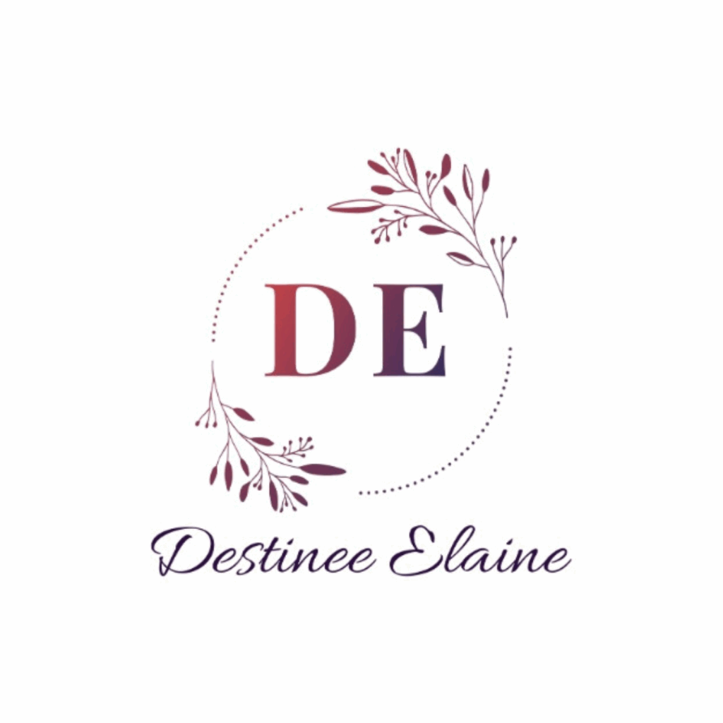 Capital DE in a dots and leafy stems circle graphic. Destinee Elaine in script font underneath. The whole graphic is a gradient from top left to bottom right, magenta to purple.