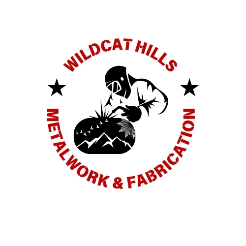 Wildcat Hills Metalwork & Fabrication in red all caps lettering in a circle, separated by two black stars. With an illustration of a welder working on an image of mountains and stars in the center.