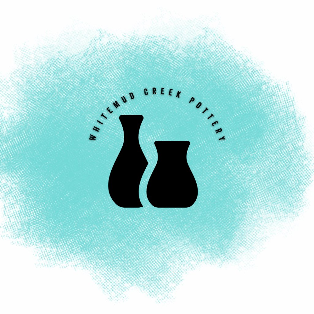 White background with a spray of turquoise, and black lettering and illustrations on top. It says Whitemud Creek Pottery in small block font in an arc above two clay vase silhouettes.