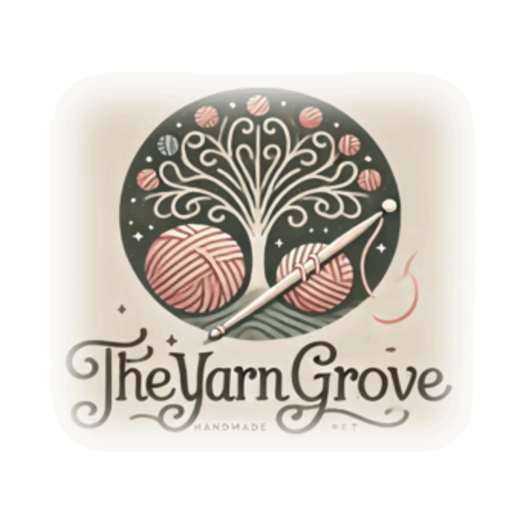 The Yarn Grove in brown script font underneath an illustration of a stylistic tree with giant yarn balls and a crochet hook around it in a a dark circle. All on a beige background that fades out at the edges.