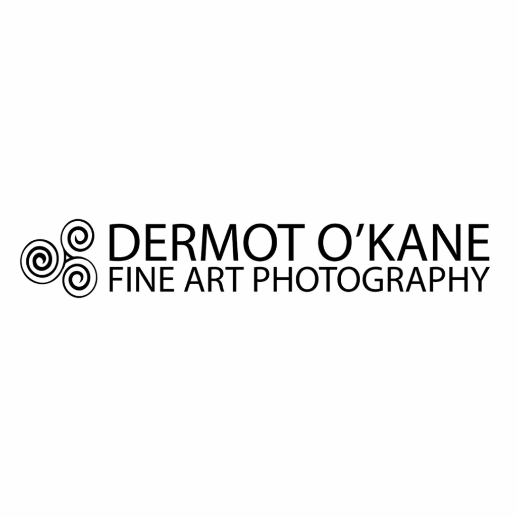 Dermot O'Kane Fine Art Photography in black blocky font, with a triple spiral to the left.