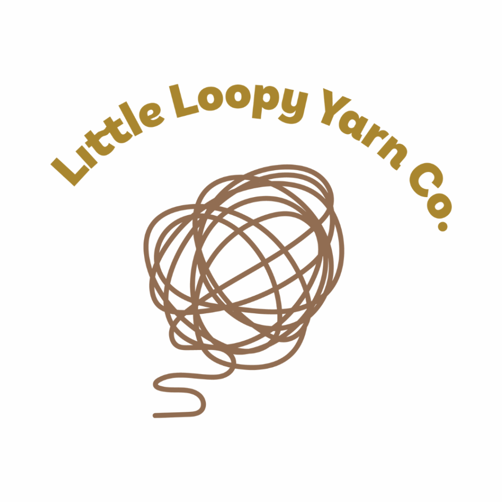 Little Loopy Yarn Co. In yellow block letters curving over a scribbly illustrated light brown ball of yarn.