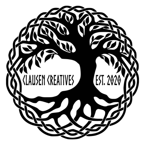 Clausen Creatives, Est. 2020 in black, rune-like lettering within a Celtic knot circle that is woven into the branches and roots of a tree in the middle. All in black.