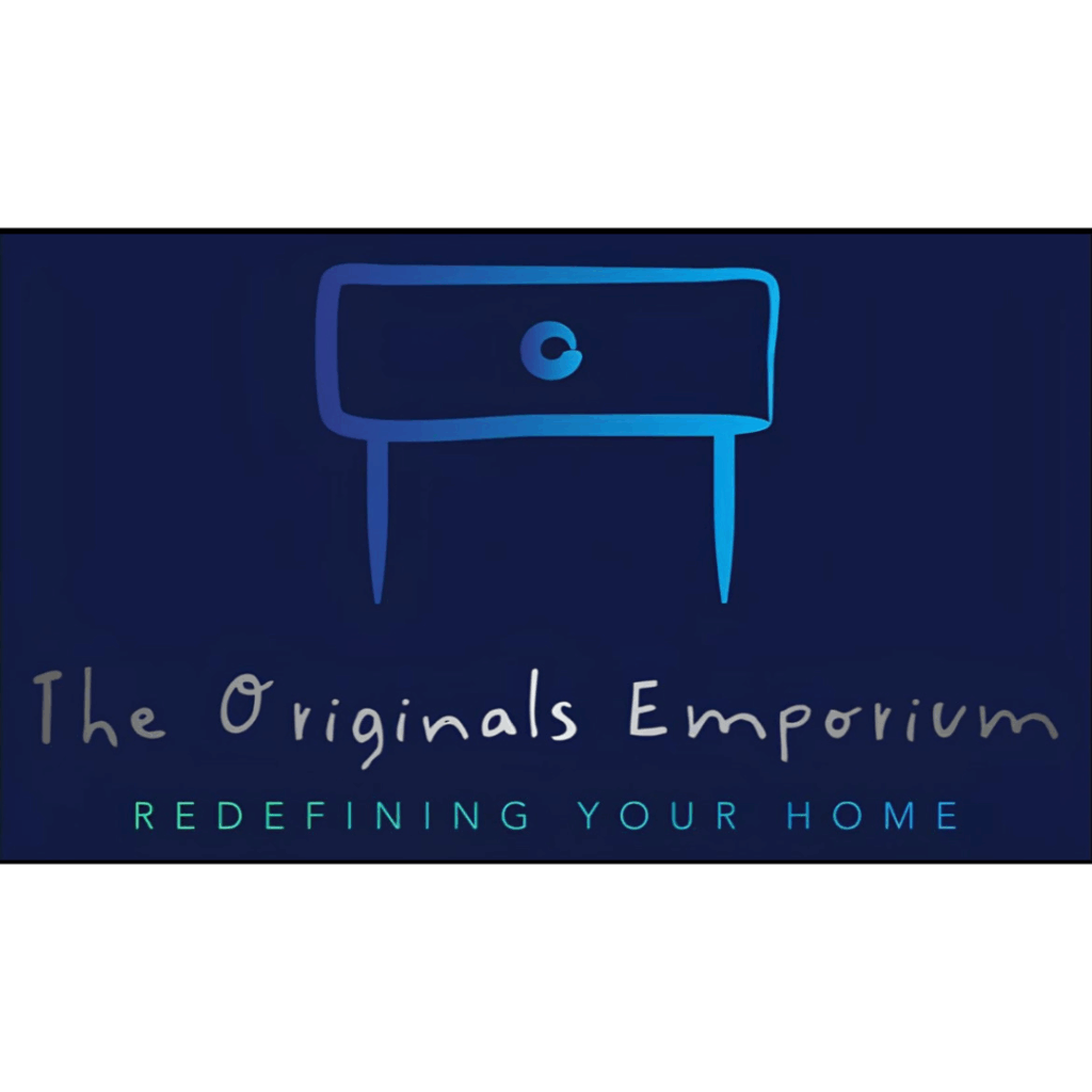 "The Originals Emporium" in casual white font on a dark blue background. A night stand like shape in lighter blue gradient above. "Redefining your home" in teal block font at the bottom.