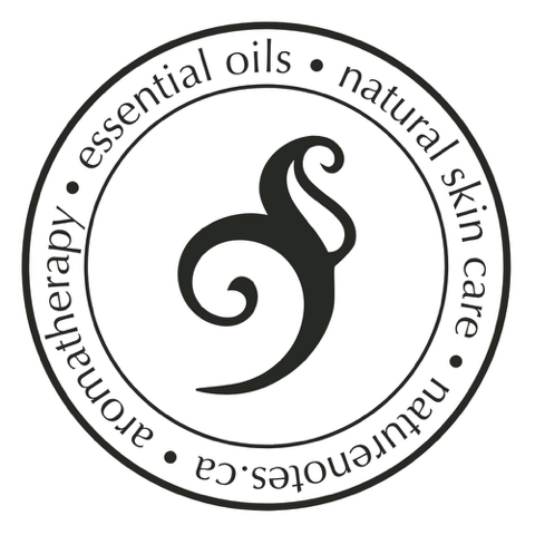 Two concentric circles with text in between. Essential oils, natural skin care, naturenotes.ca, aromatherapy, separated by dots. In the middle of the circles, an open spiral with a stylistic leaf shape coming off the right side. It is all black on a white background.